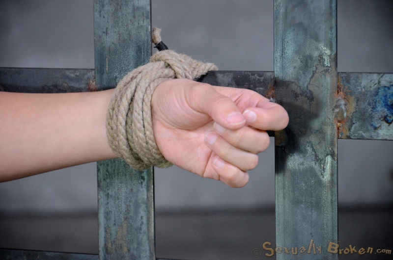 Tied to cage brunette gets fucked by the mighty black dick