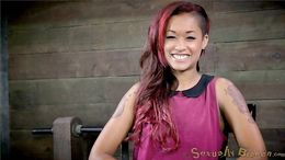 Redhead goddess enjoys hogtie and interracial sex