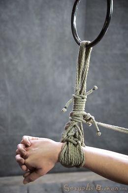 Roped bitch with small saggy tits sells her body to two men