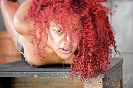 Blindfolded ebony with red hairs deepthroats a fat dick